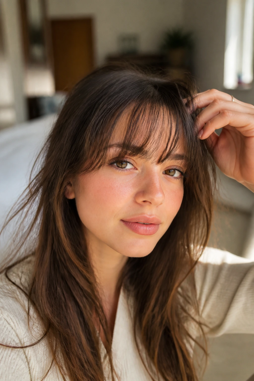 Close-up portrait of a real woman with wispy bangs in warm window light