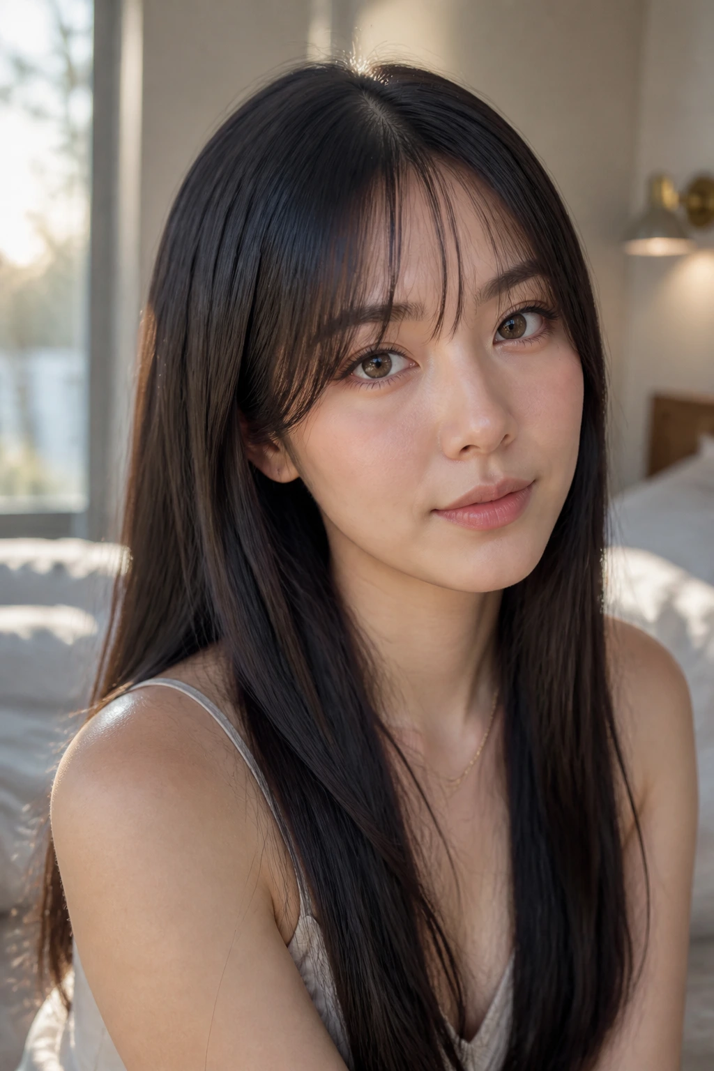 Portrait of a real woman with wispy bangs and sleek straight lengths