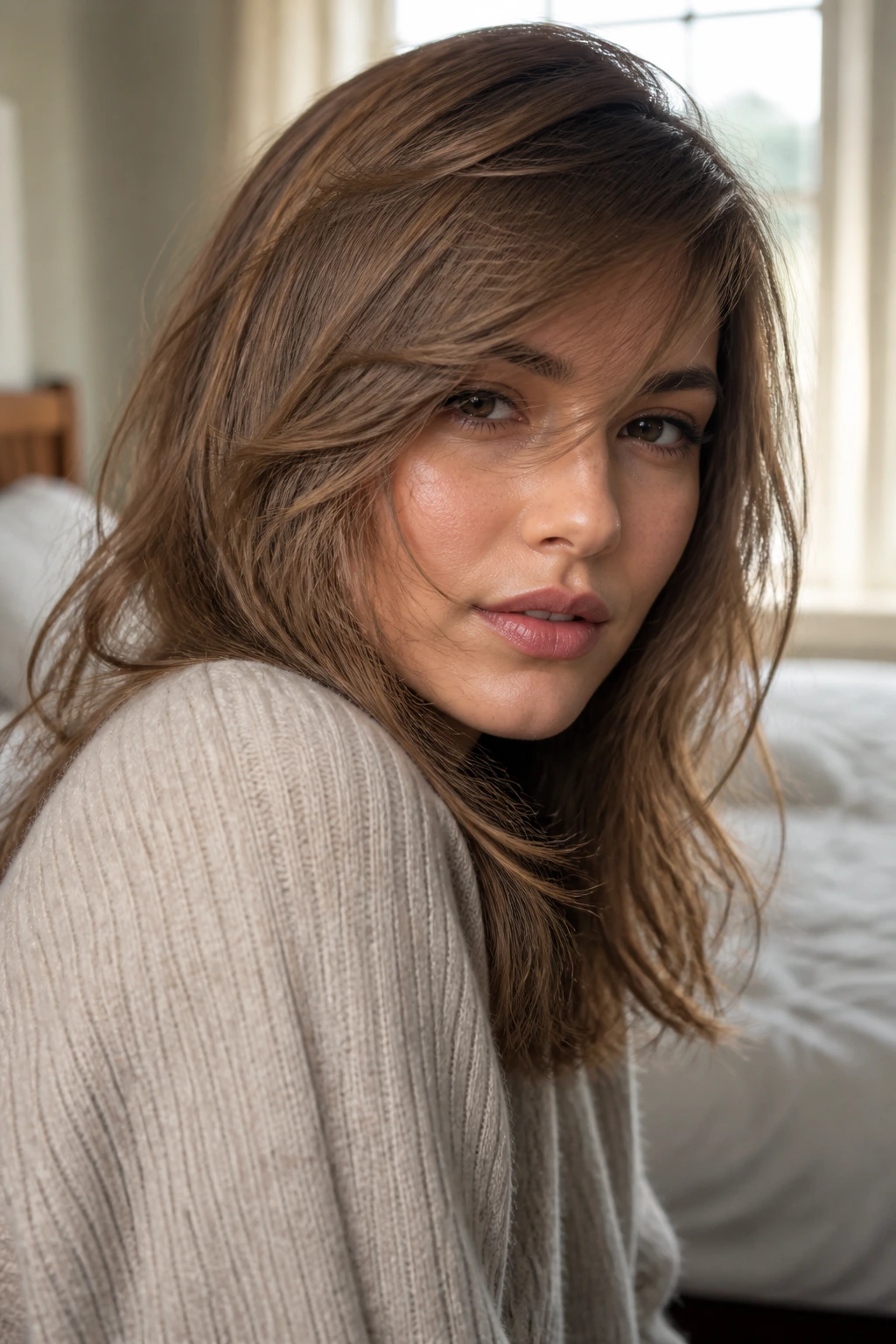 Close-up portrait of a real woman with wispy side bangs under soft window light