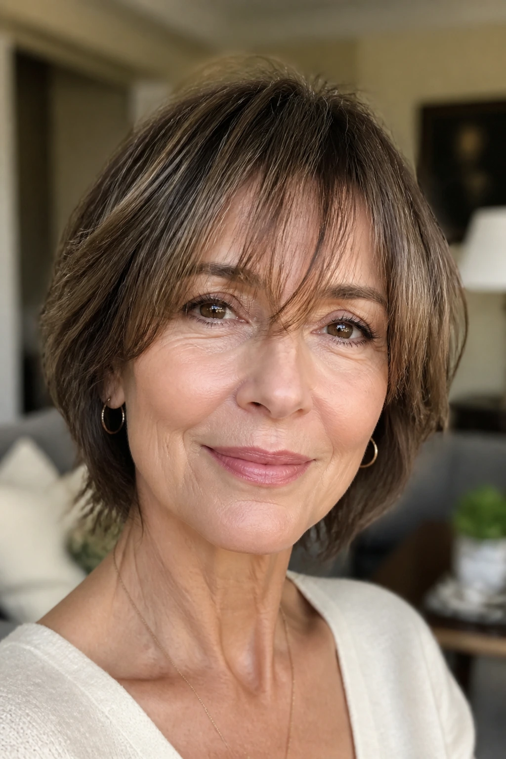 Close-up of a woman with brow-grazing wispy bangs just at the eyebrows