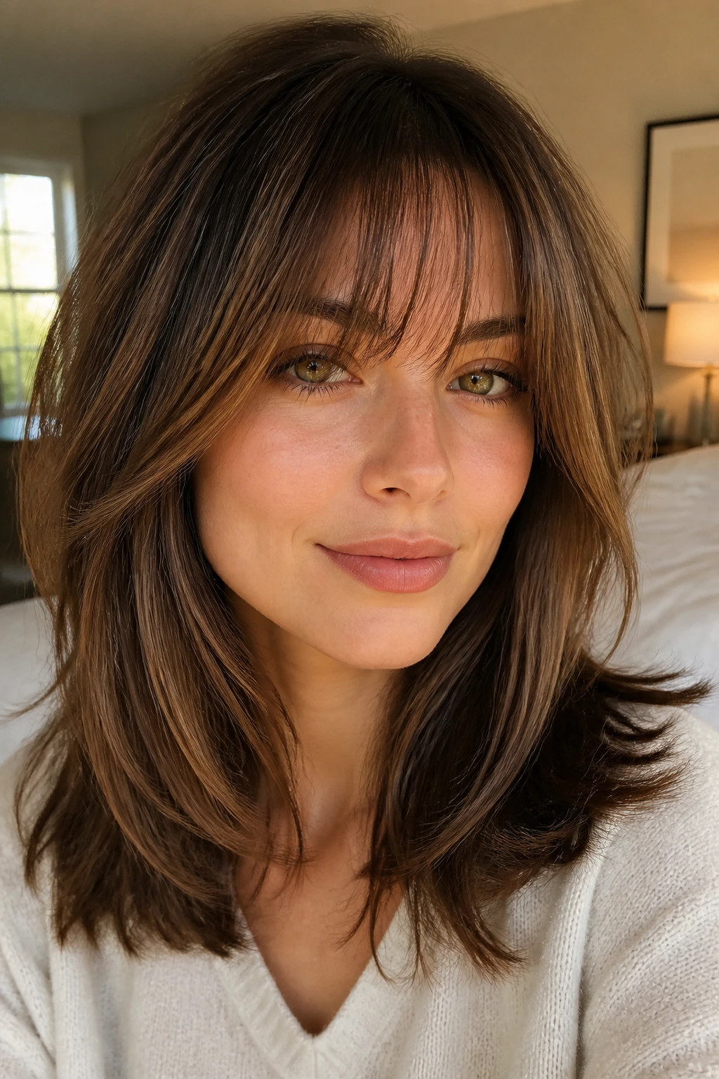 Close-up portrait of a woman with wispy bangs and layered hair in a cozy, sunlit bedroom.