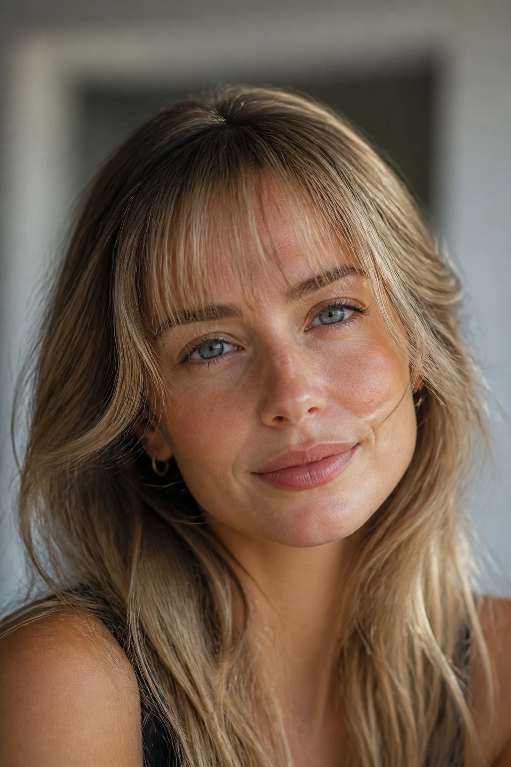 Real woman with wispy, feathered bangs softly framing her face.