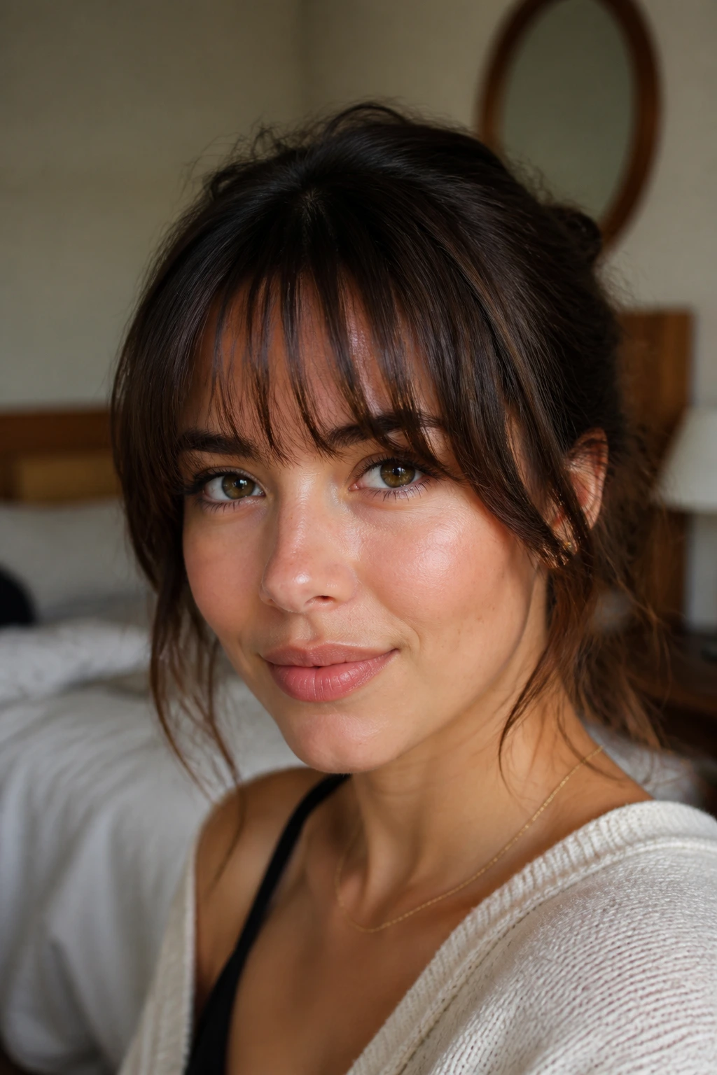 Close-up of a real woman with wispy bangs in warm natural light