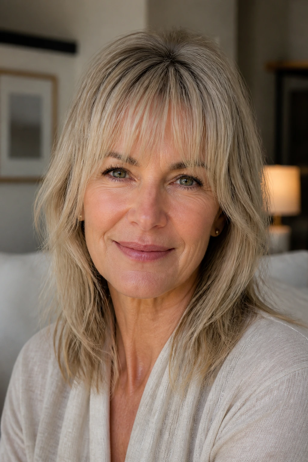 Close-up of a real woman with wispy bangs framing the forehead in warm window light.