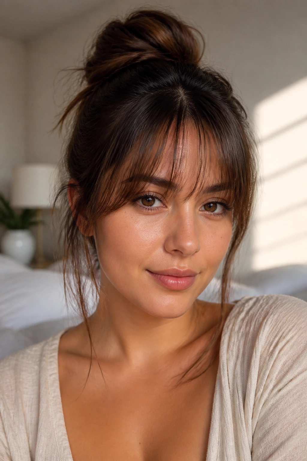 Close-up of a real woman with wispy bangs framing the eyes in soft window light