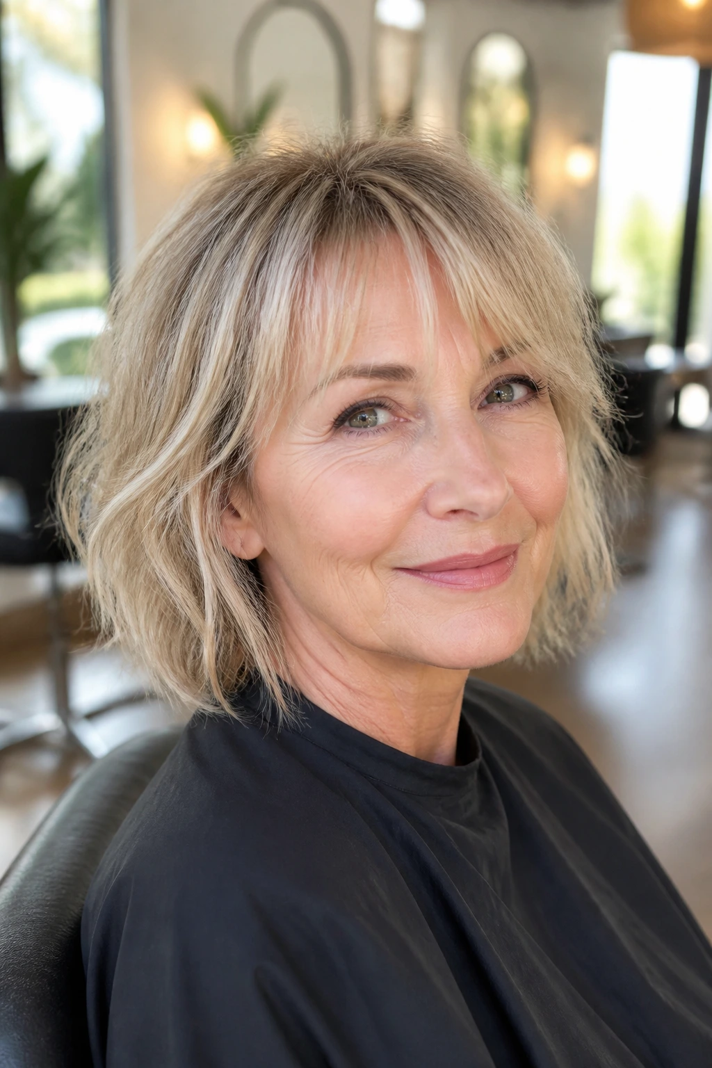 Real woman in a salon with wispy bangs.