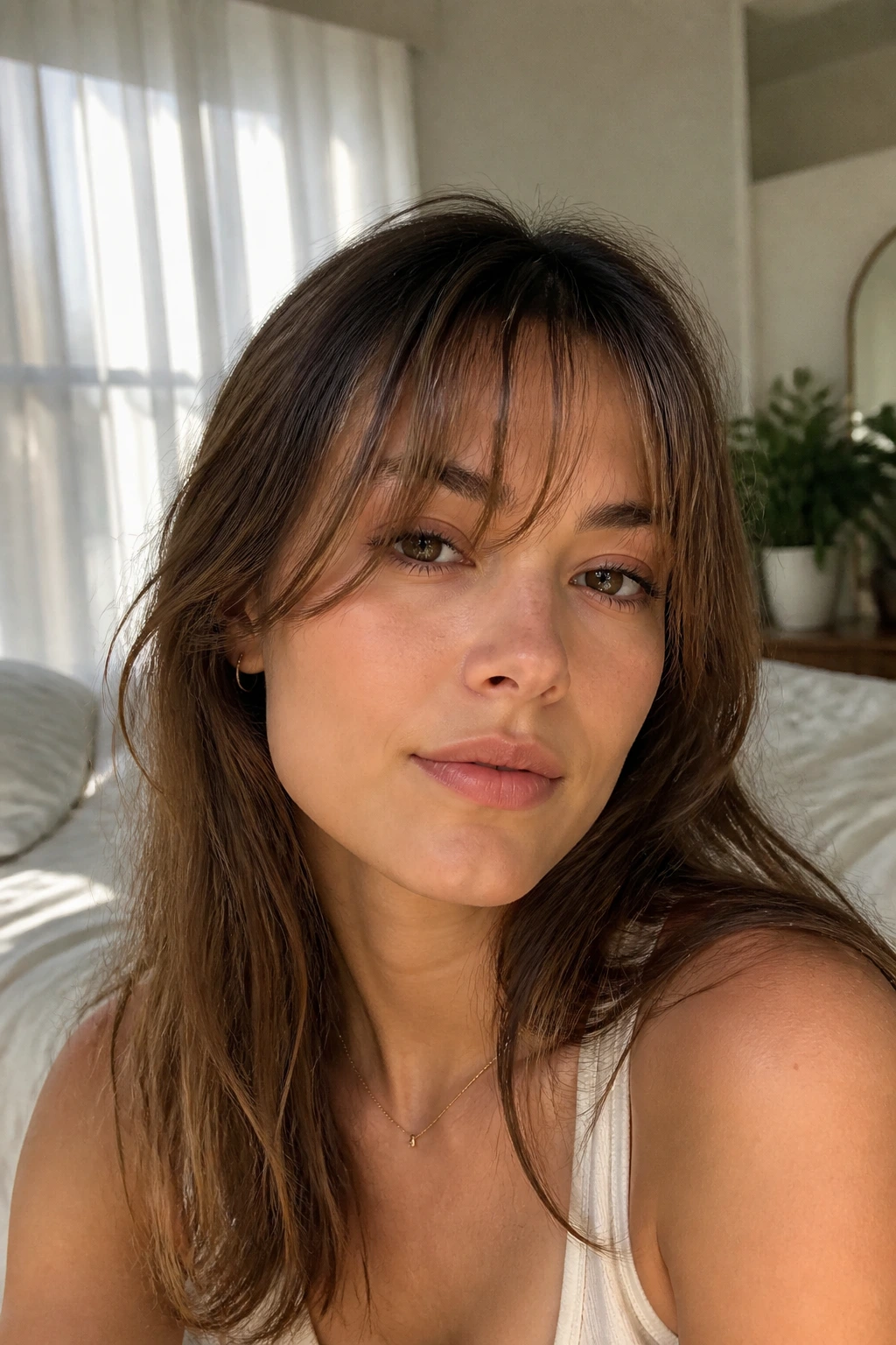 Real woman wearing wispy see-through bangs in a sunlit room