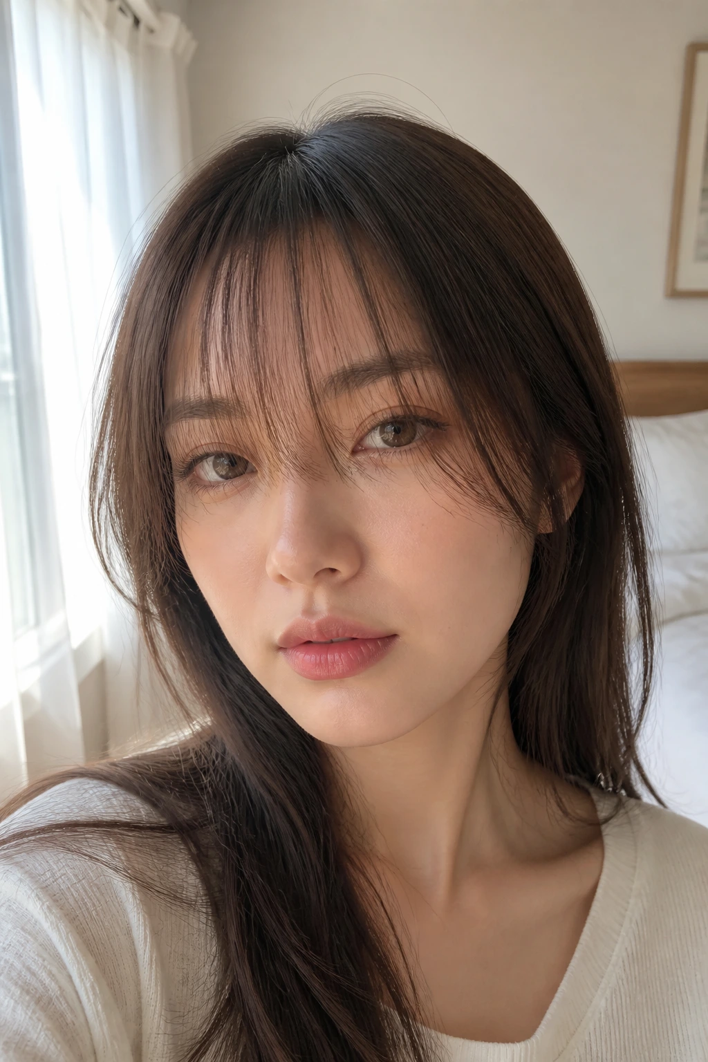 Close-up portrait of a real woman with wispy see-through bangs in natural window light