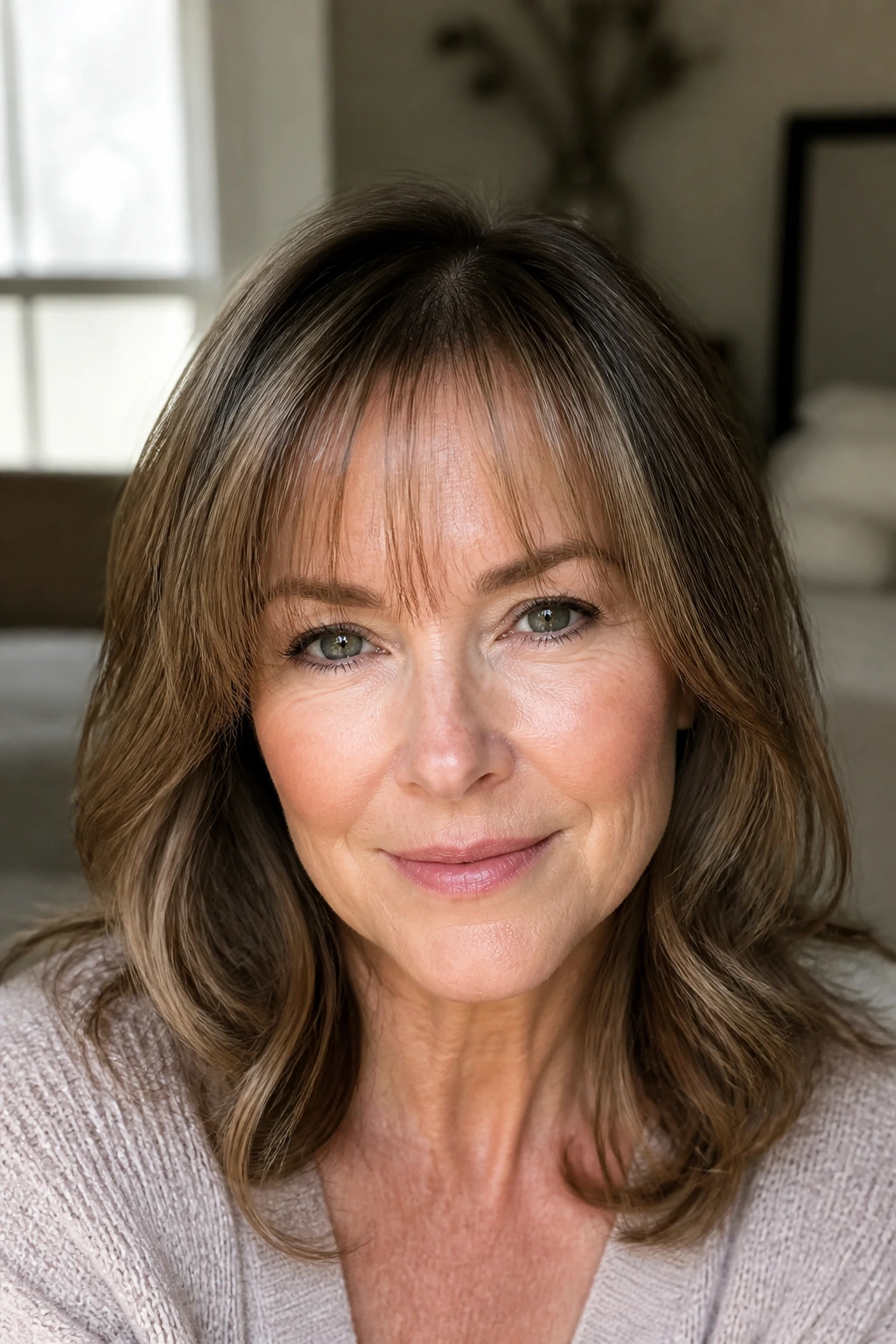 Close-up of a woman with wispy see-through bangs revealing part of the forehead