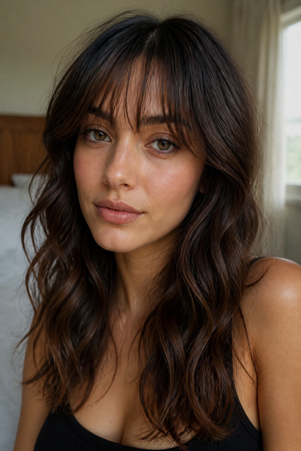 Close-up portrait of a real woman with wispy see-through bangs and loose waves in soft window light