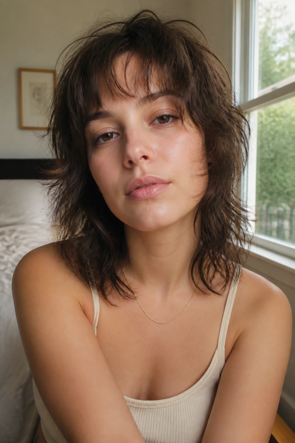 Close-up portrait of a real woman with wispy baby bangs in a sunlit bedroom