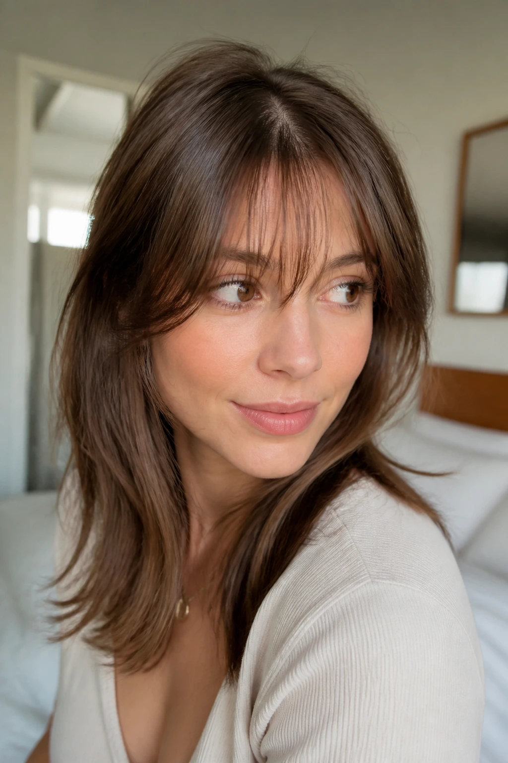 Portrait of a woman considering wispy bang shape with face-framing layers
