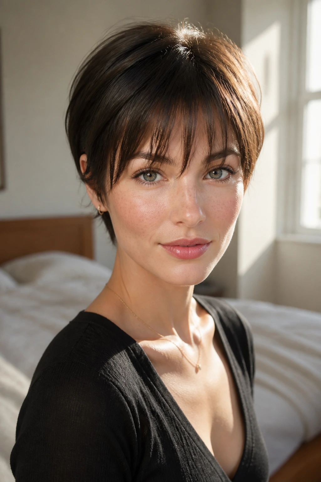 Close-up of a real person with wispy bangs and short hair in warm window light