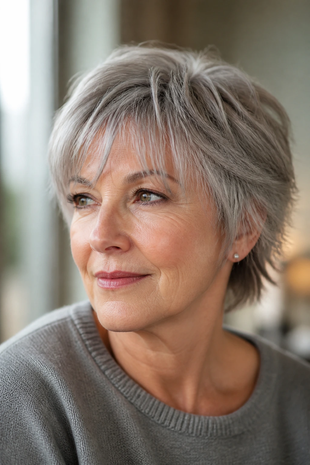 Close-up portrait of a real woman with wispy bangs and short layers