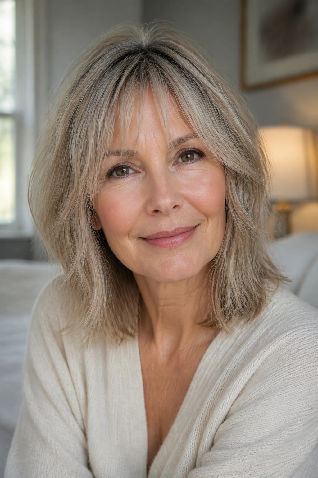Real woman with wispy bangs and shoulder-length layers in a window-lit bedroom
