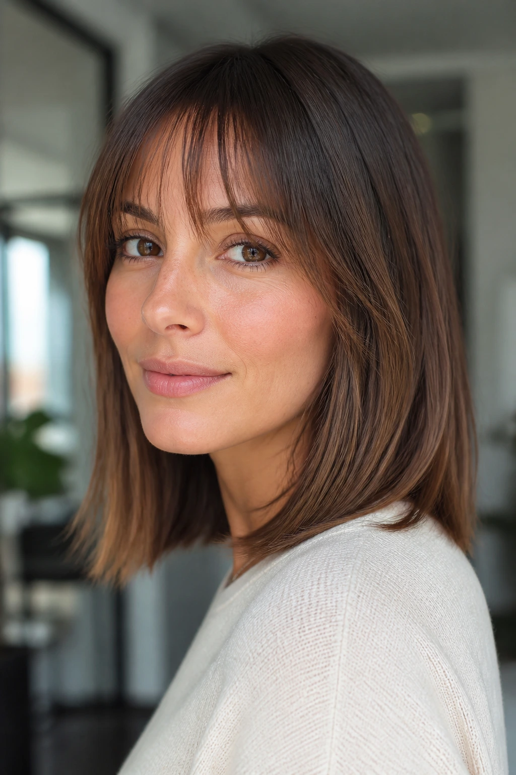 Portrait of a real woman with wispy bangs and straight shoulder-length hair