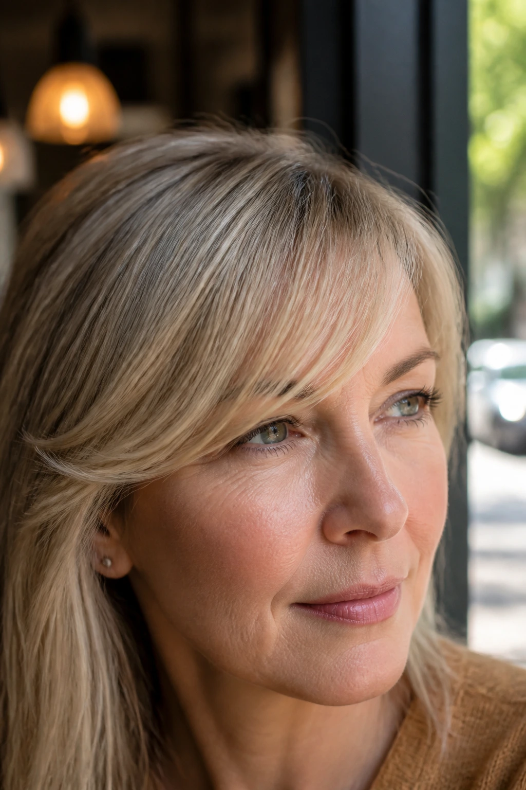 Portrait of a real woman with wispy side-swept bangs
