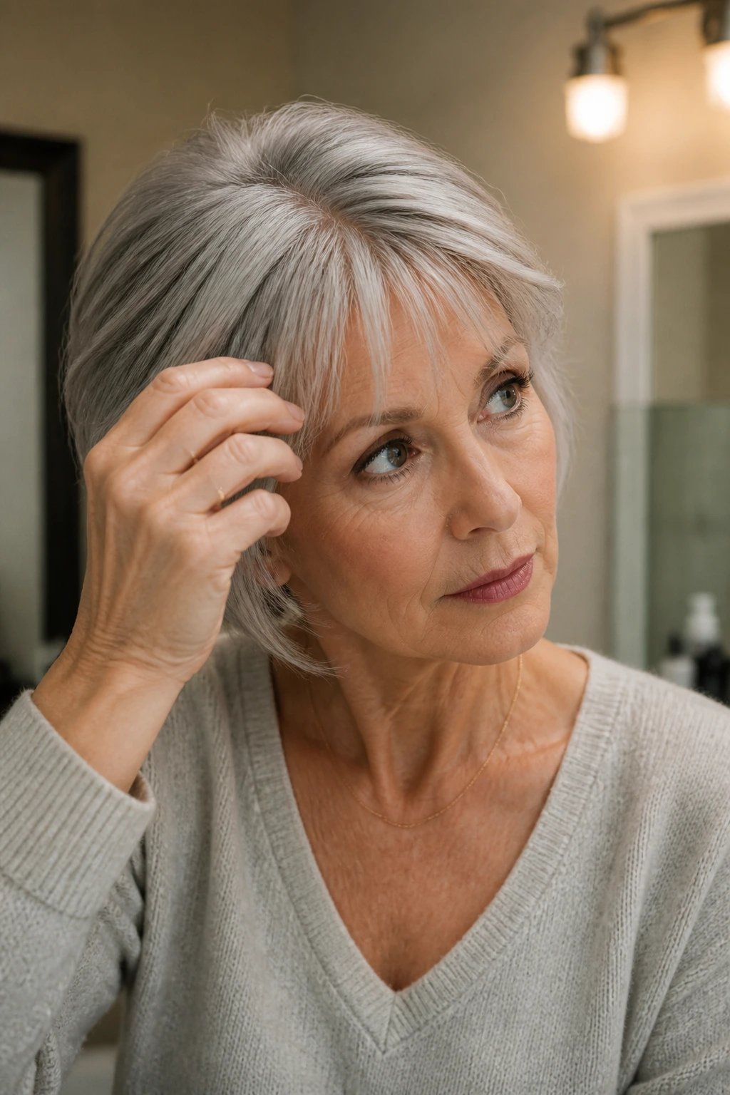 Woman styling wispy bangs with fingers in a warm-lit bathroom
