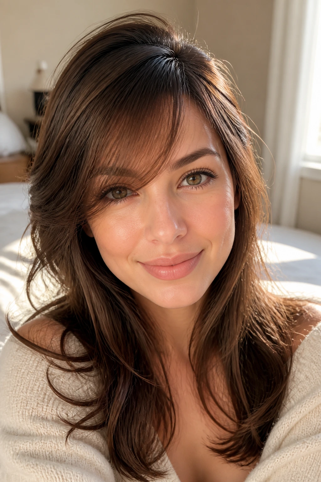 Close-up of real person with wispy side bangs styled softly