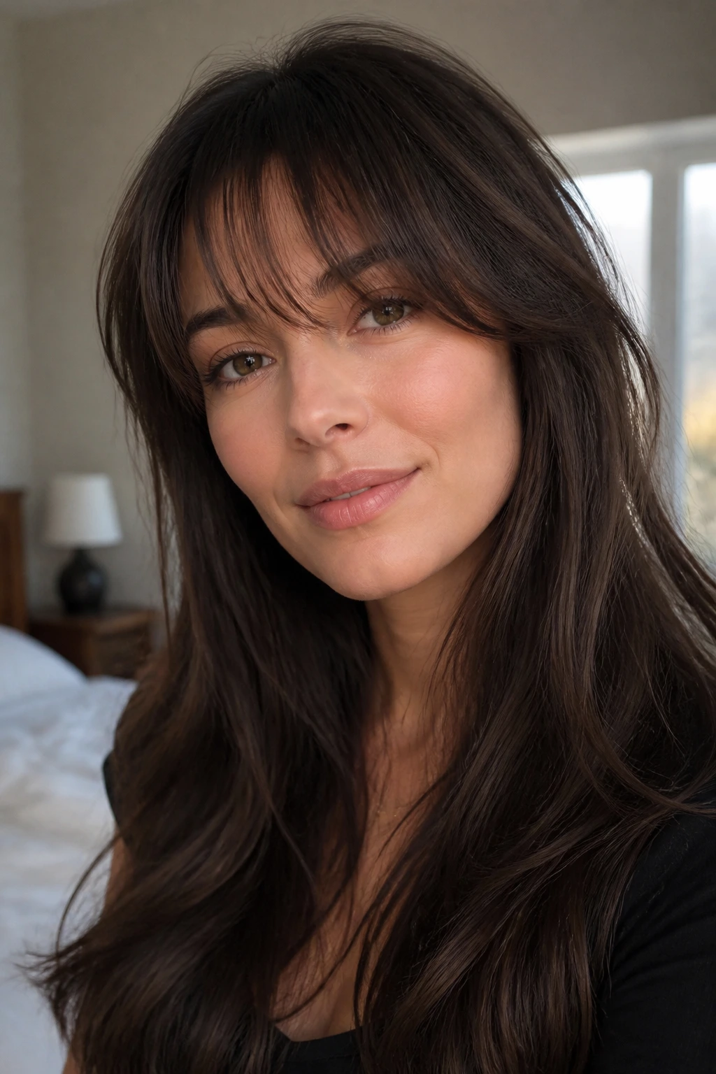 Close-up portrait of a real woman with wispy bangs on thick hair under natural window light