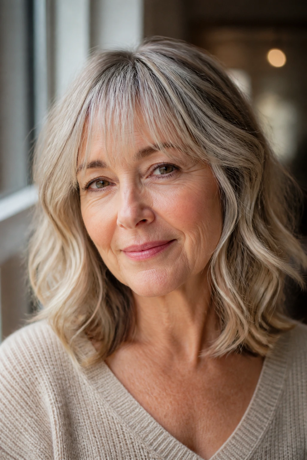 Close-up of a real woman with wispy bangs and shoulder-length waves