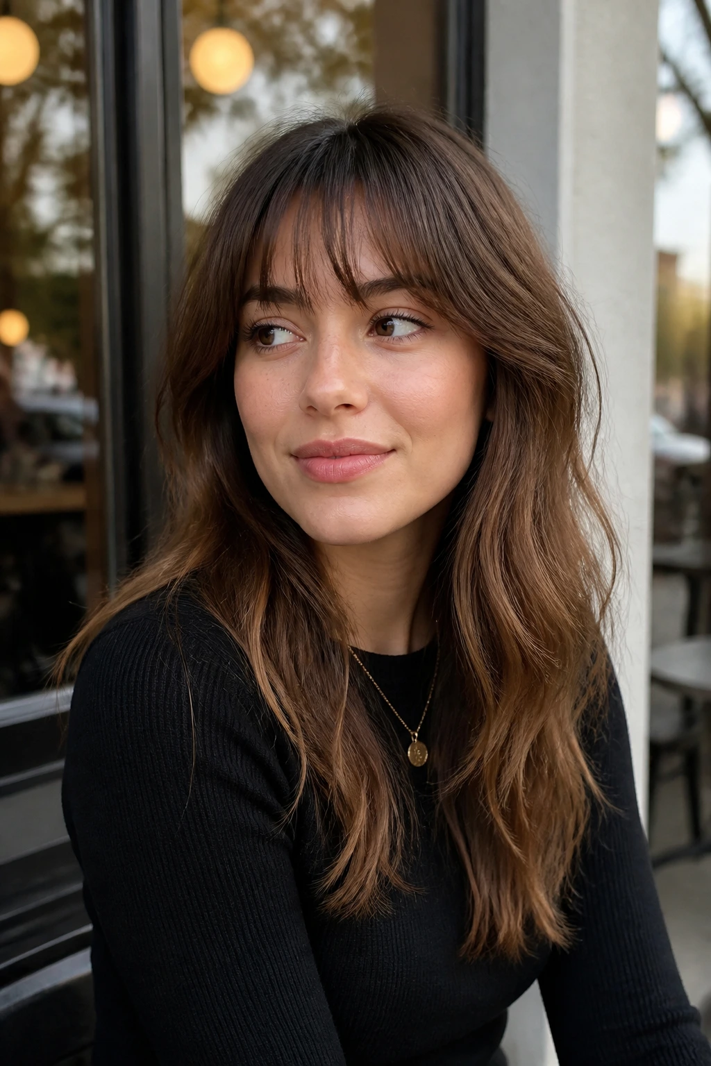 Woman wearing wispy bangs styled with rest of hair outdoors