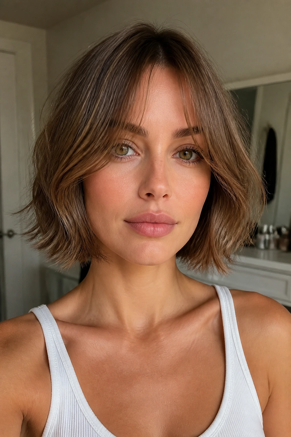 Close-up of a real woman with chin-length wispy bob and curtain bangs in soft daylight.