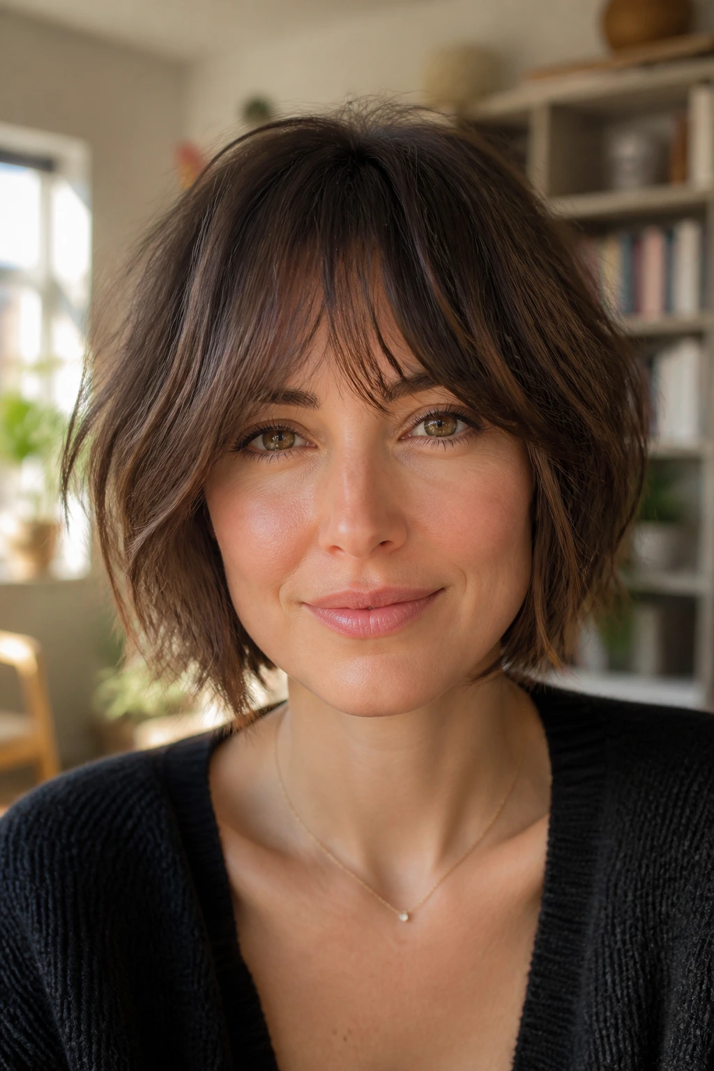 Close-up portrait of a real woman with a wispy bob haircuts and soft feathered edges in warm window light.