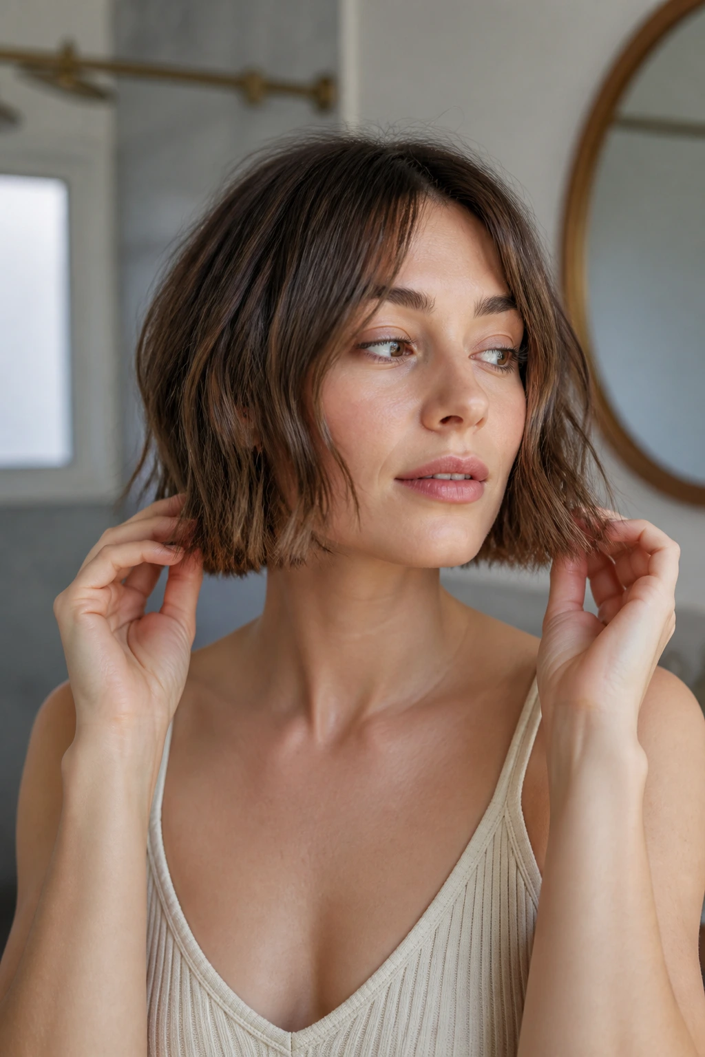 Portrait of real woman with wispy bob showing soft texture and gentle end bend