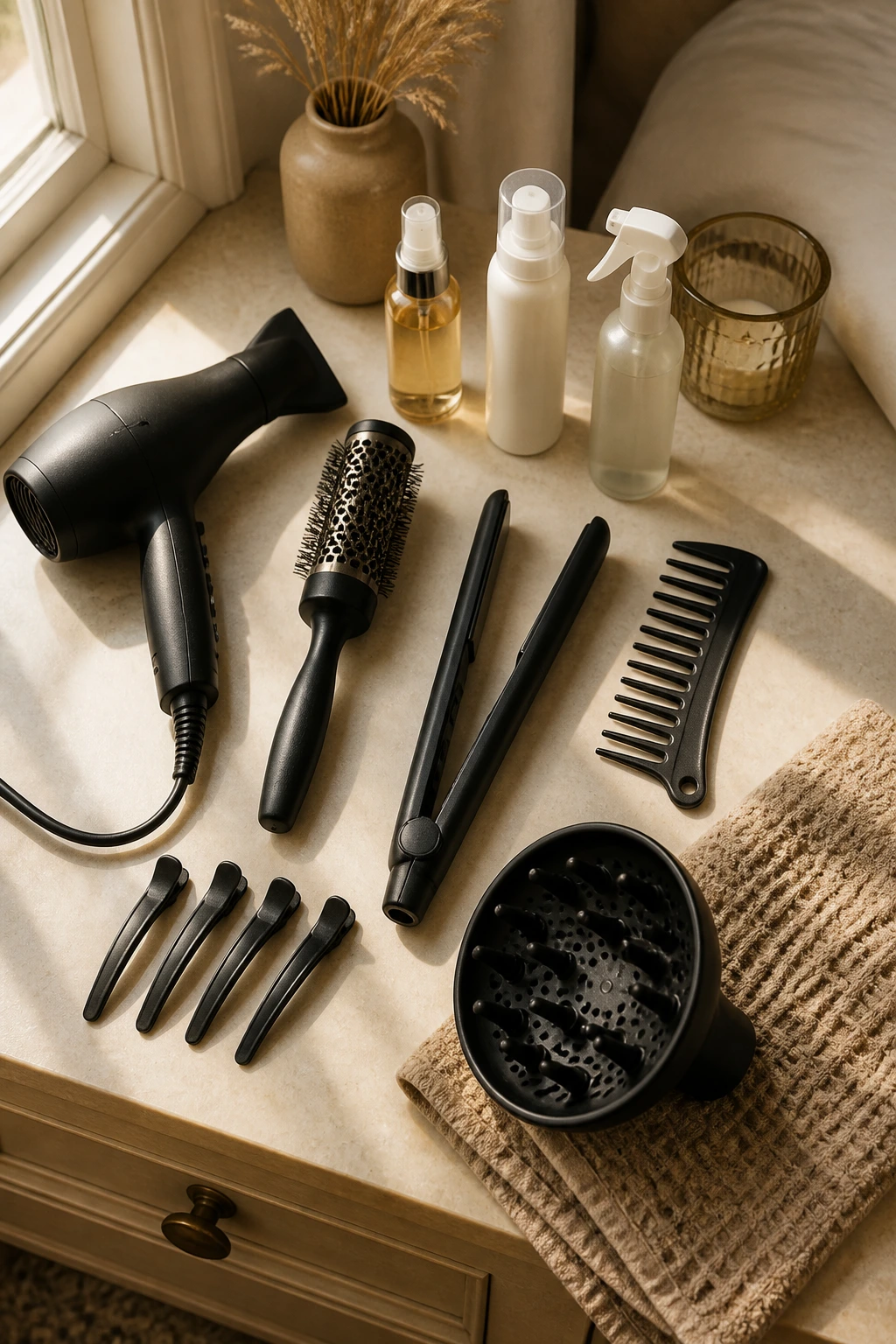 Flat lay of essential styling tools for wispy bob styling
