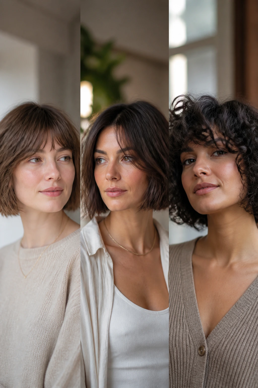 Triptych portraits show wispy bob variations for different hair types on real women