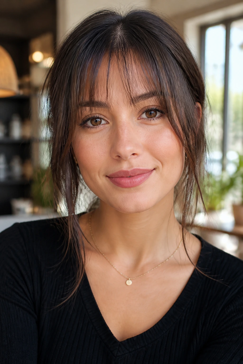 Real woman with wispy bottleneck bangs for fine hair