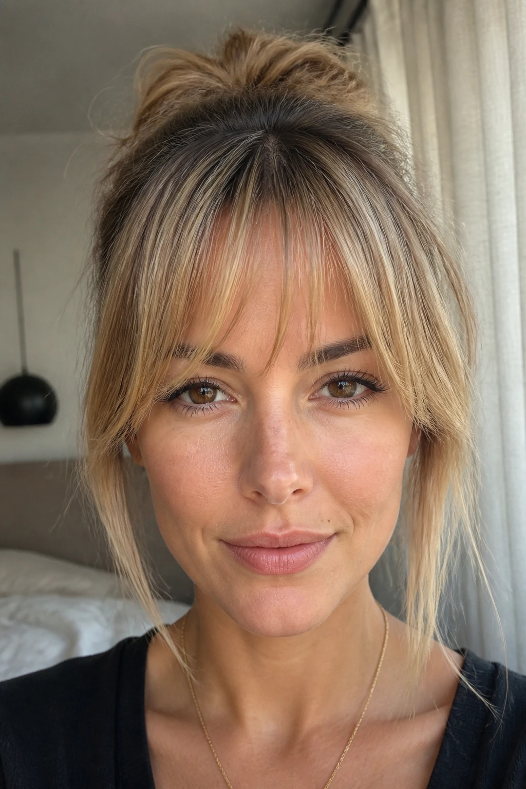 Wispy bottleneck bangs on fine hair in a softly lit room