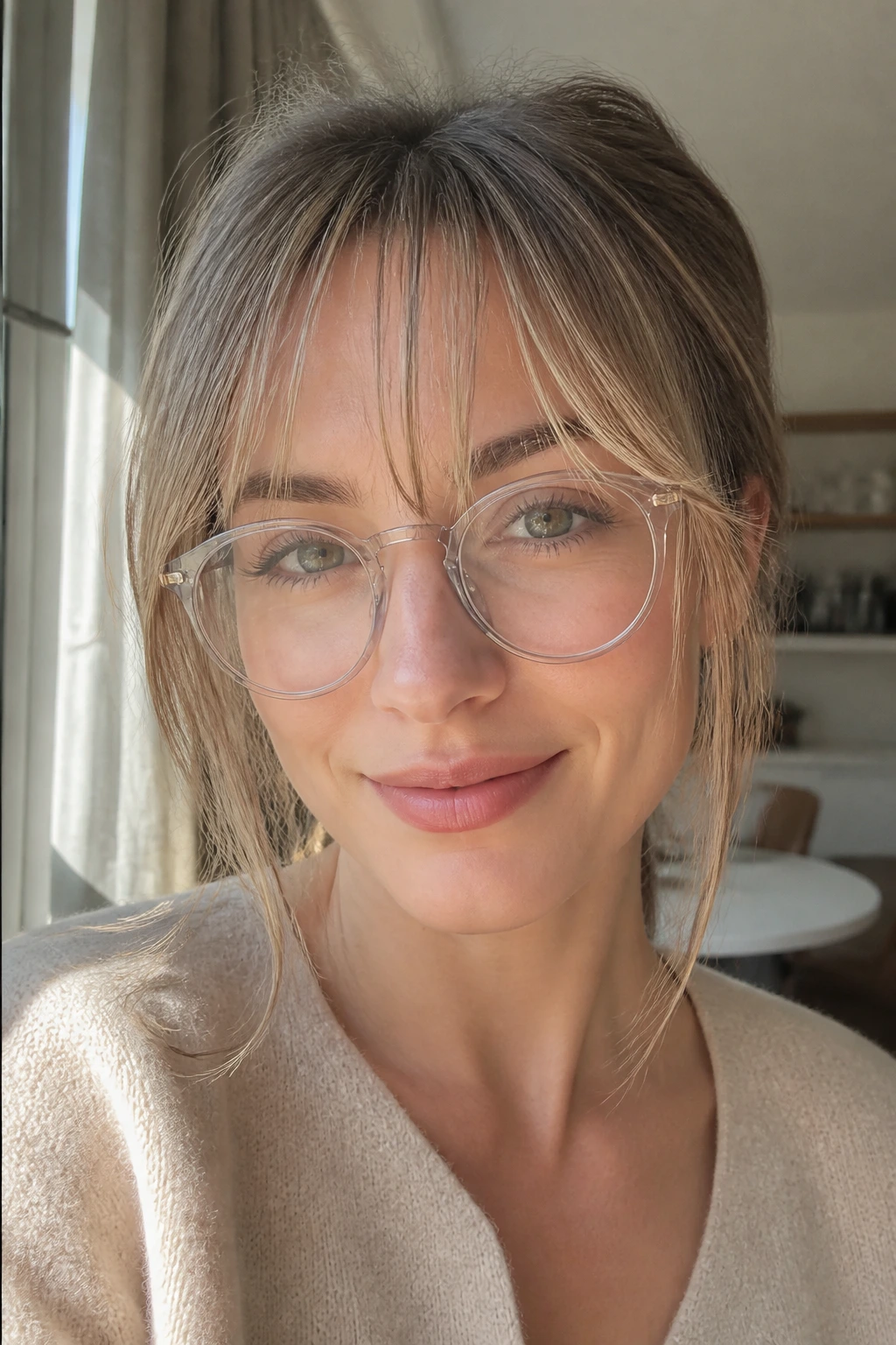 Portrait of a woman with wispy curtain bangs in natural light