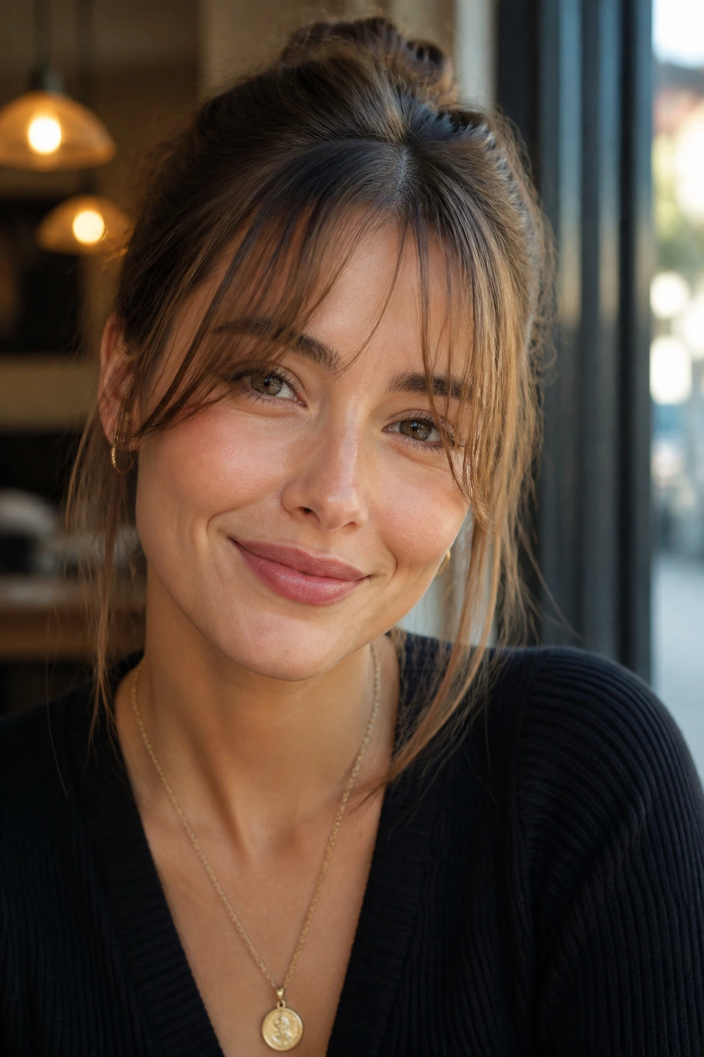 Portrait of a woman with wispy French curtain bangs