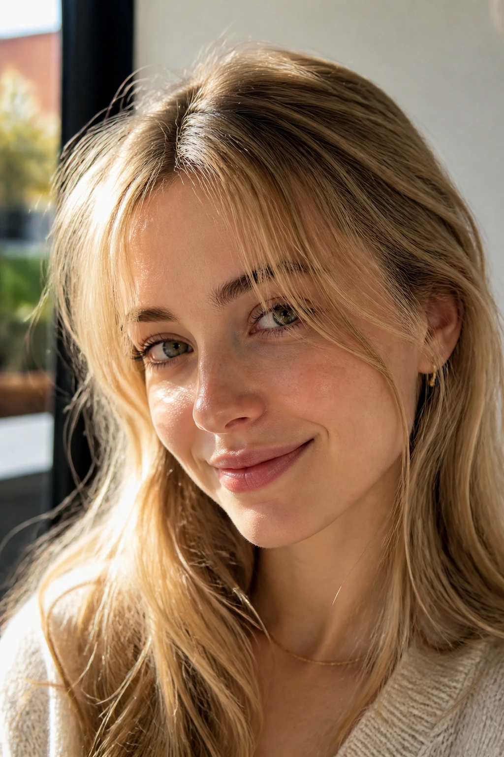 Close-up portrait of a real person with wispy curtain bangs