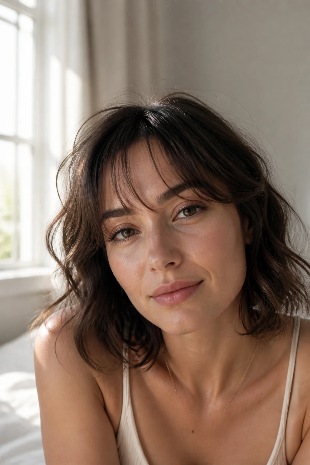 Portrait of a woman with wispy short curtain bangs in morning light
