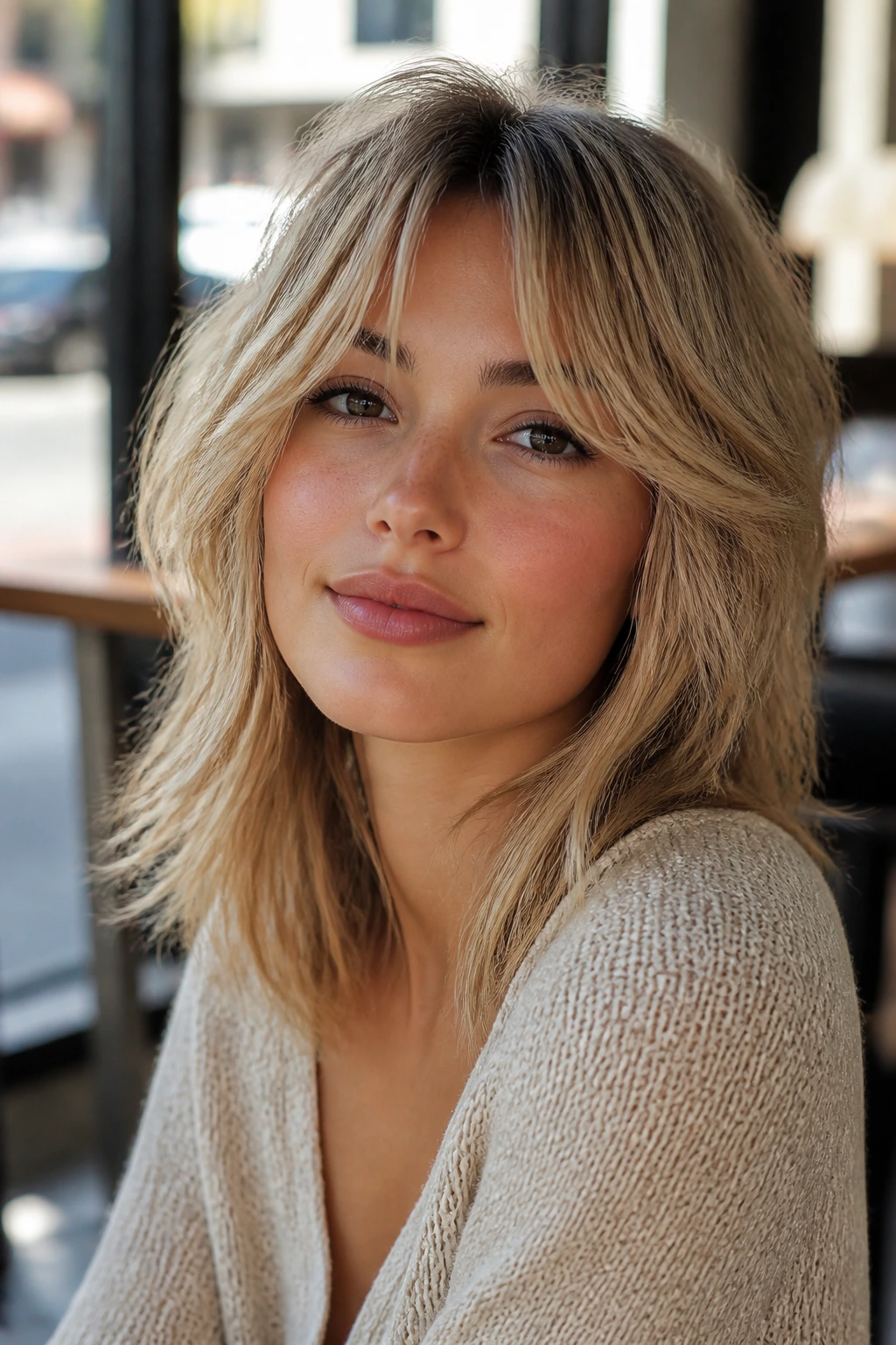 Close-up of a real woman wearing wispy curtain-shag bangs in natural sunlight