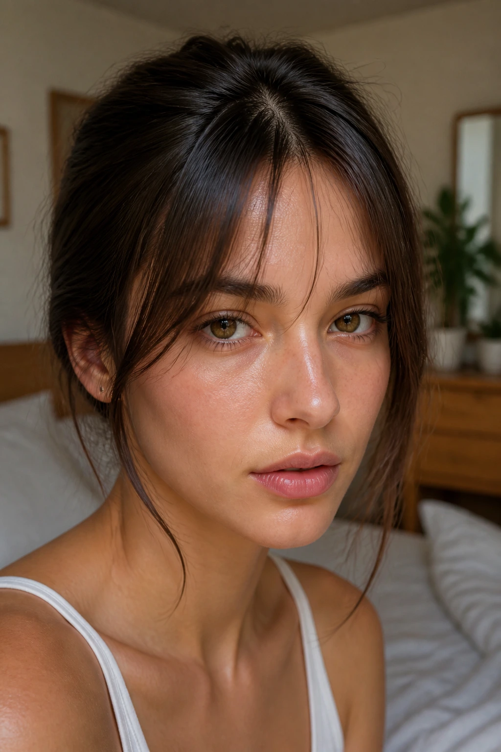 Close-up portrait of a real woman with wispy see-through curtain bangs in soft window light