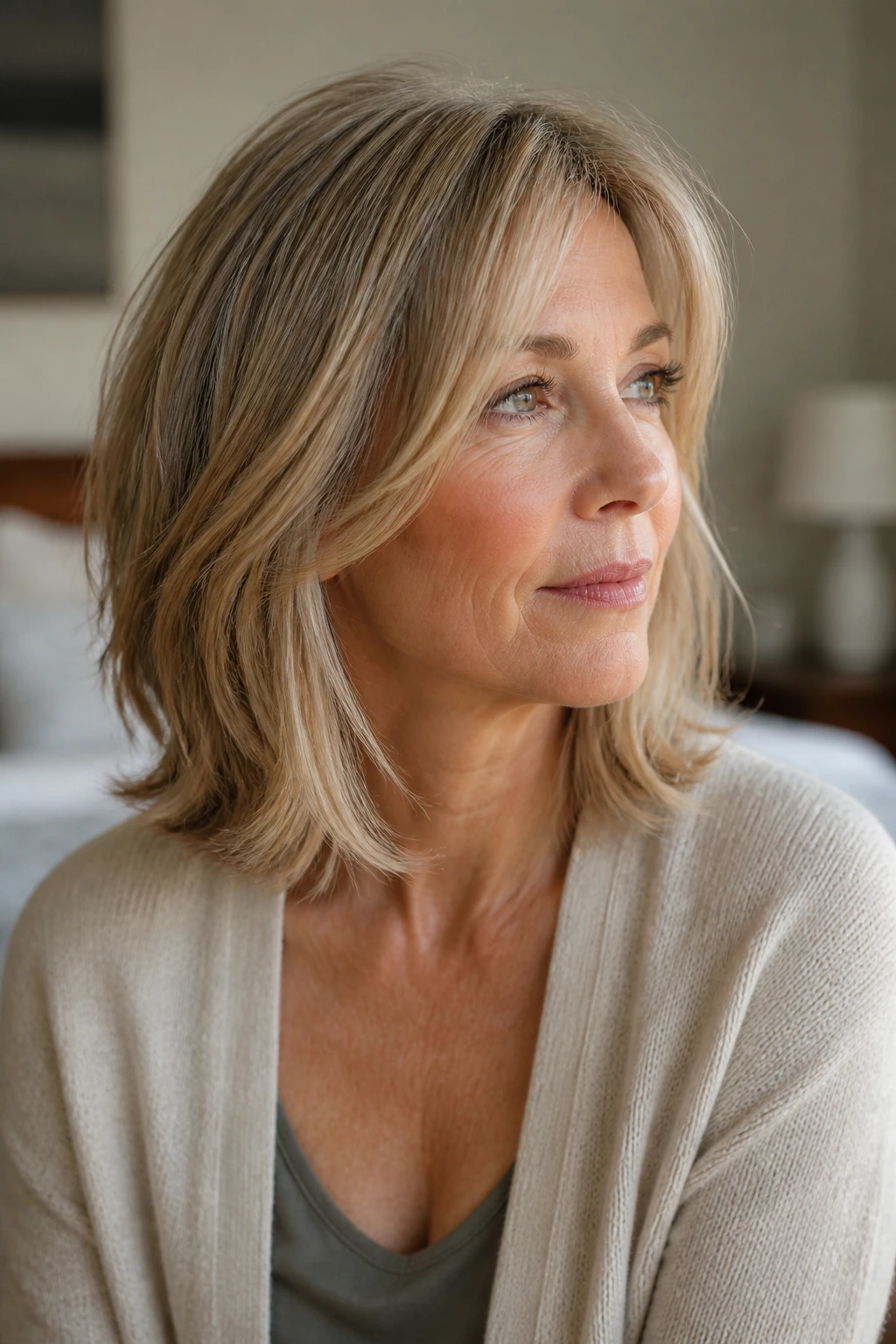 Real woman with wispy-end layers at shoulder length