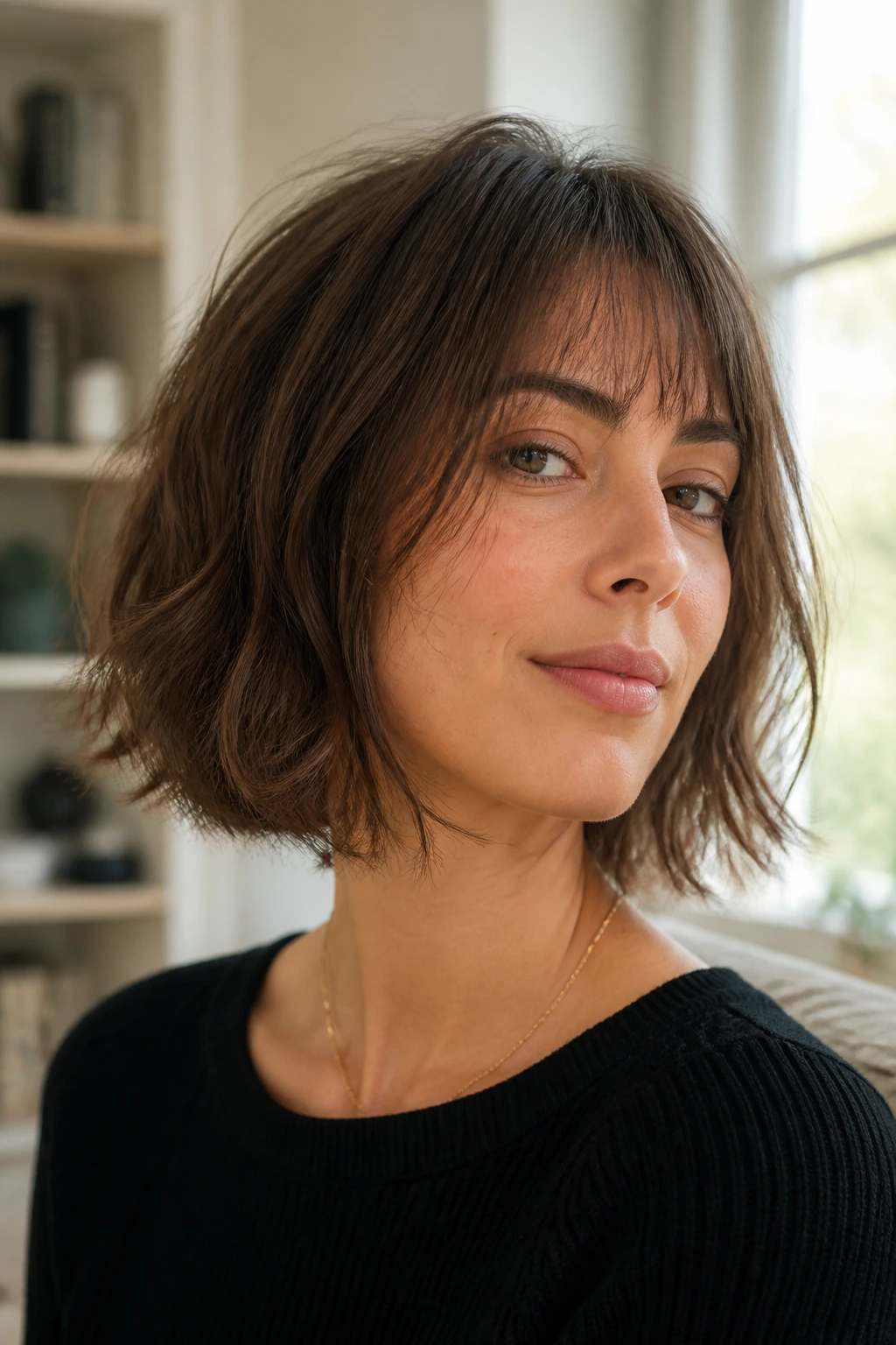 Portrait of real woman with bob featuring wispy edges softening the silhouette