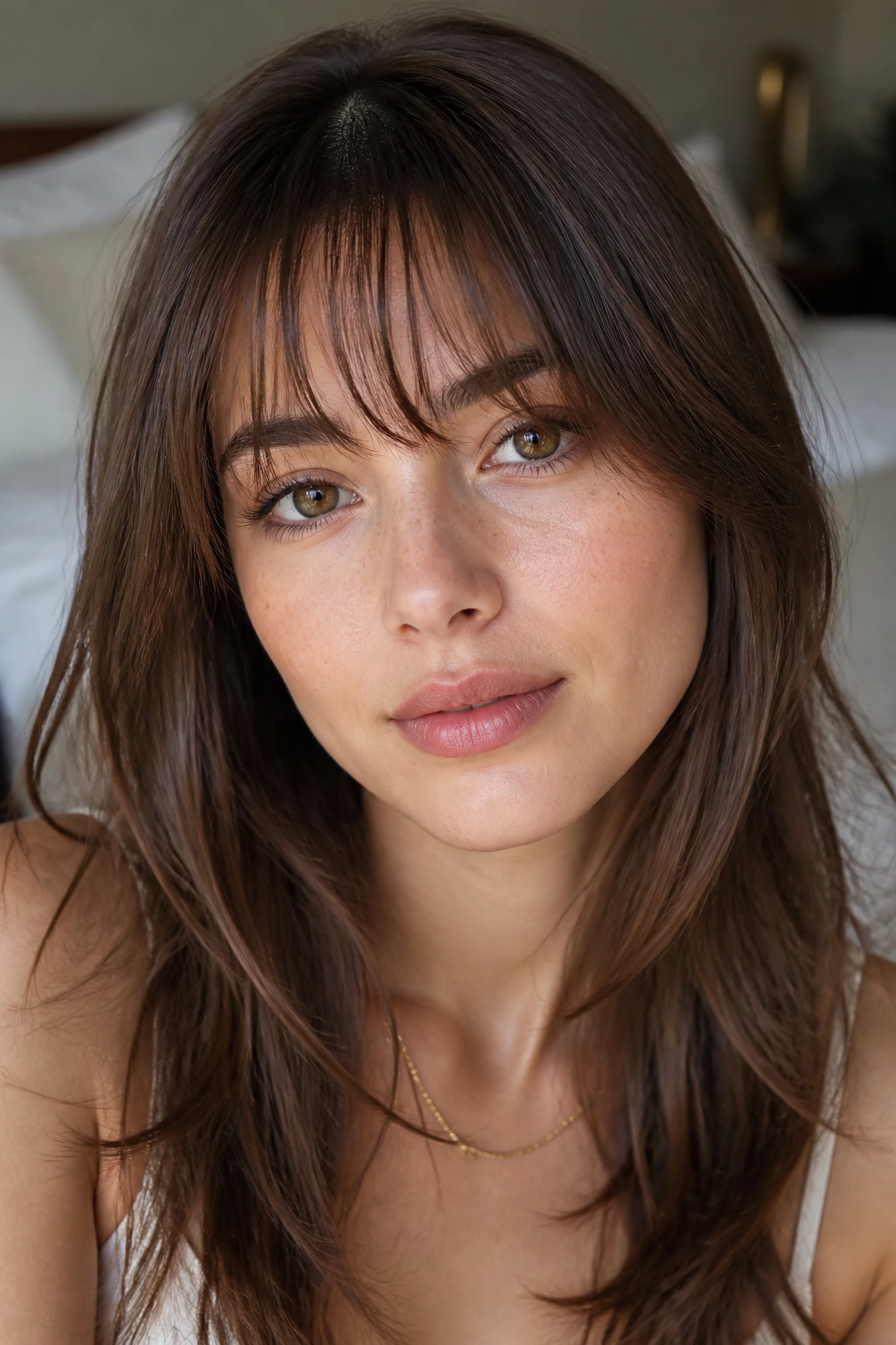 Portrait of a real woman with wispy eyebrow-grazing bangs showing skin around the eyes