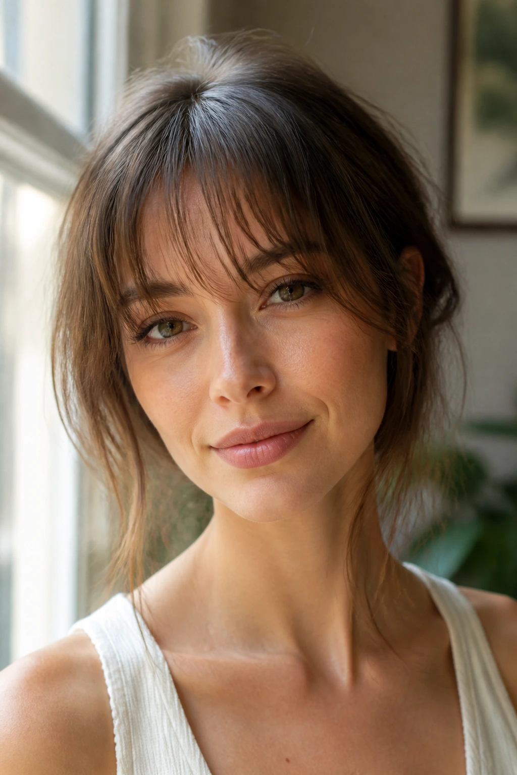 Close-up of wispy feathered bangs on a real woman