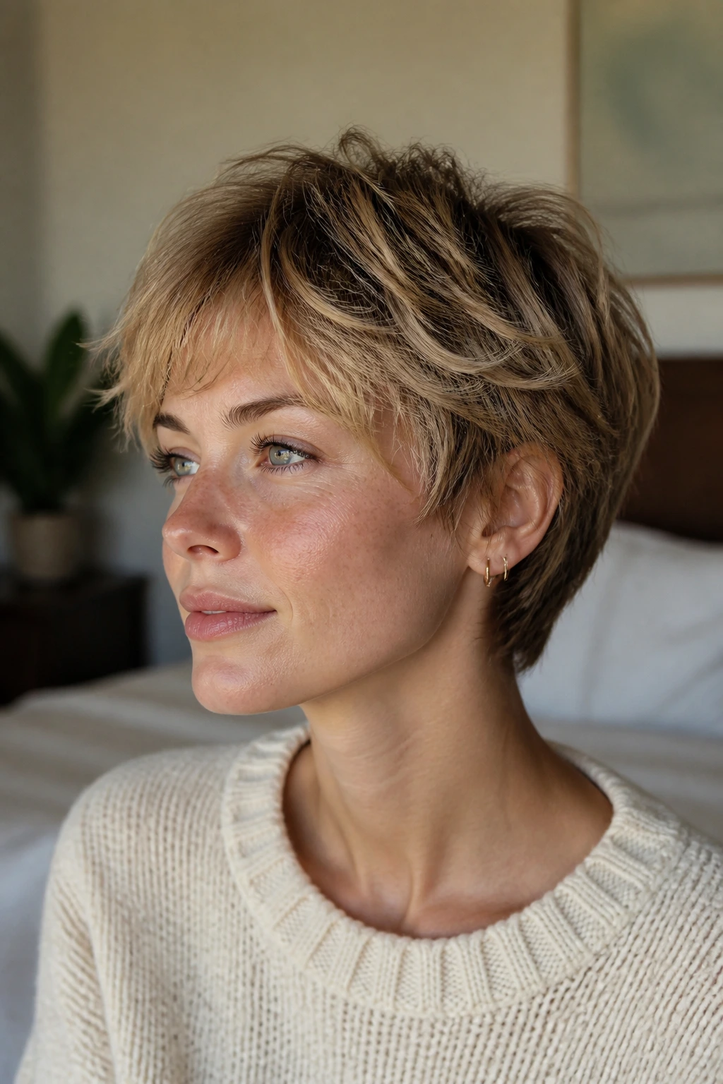 Real woman with wispy feathered crop in morning light.