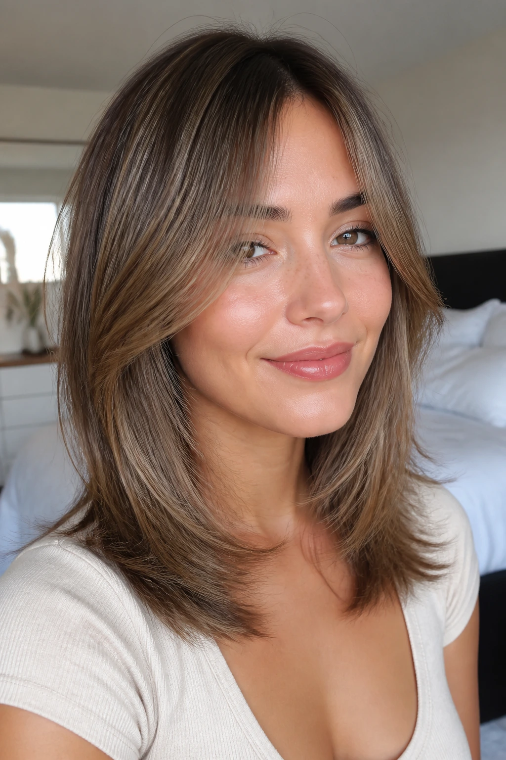 Close-up of a real person with straight hair and wispy feathered layers framing the face