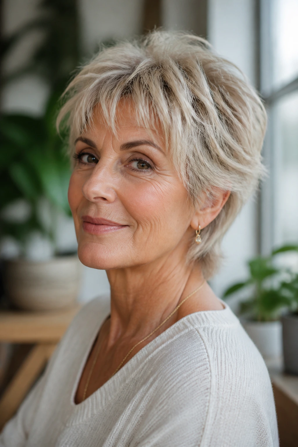 Close-up of real woman wearing wispy feathered shag crop