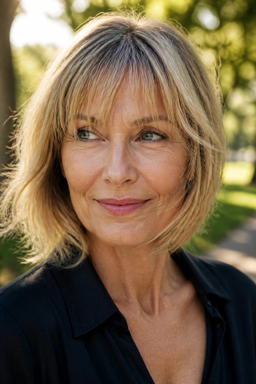 Close-up of a real woman with wispy French girl bangs in natural outdoor light