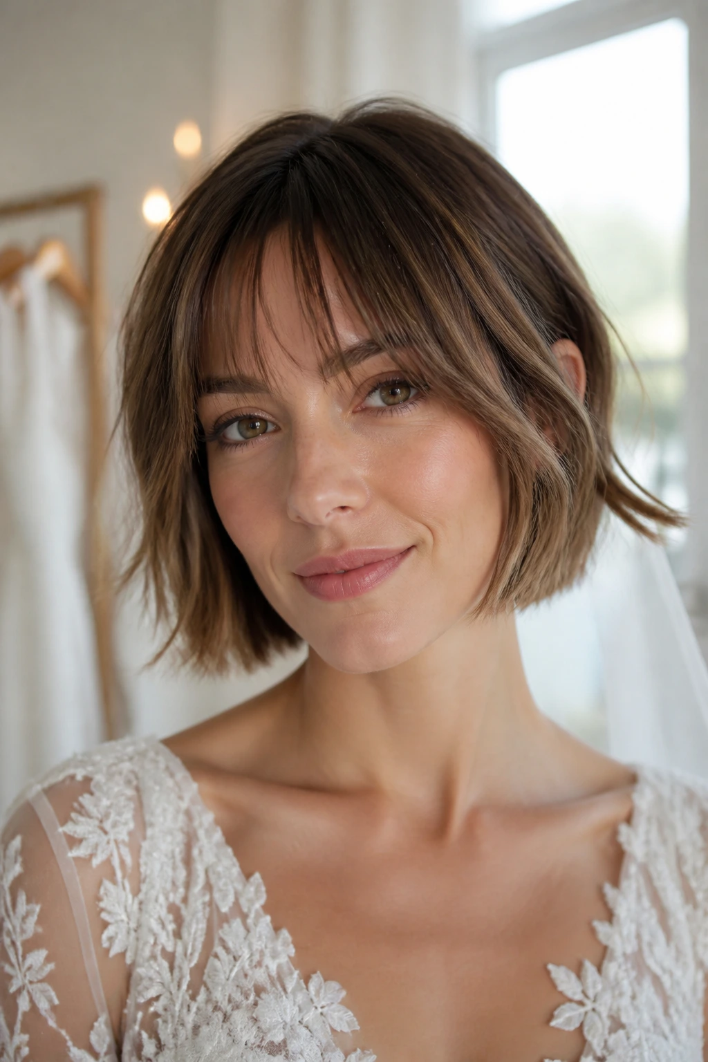 Close-up of real bride with wispy fringe bob in bright bridal suite