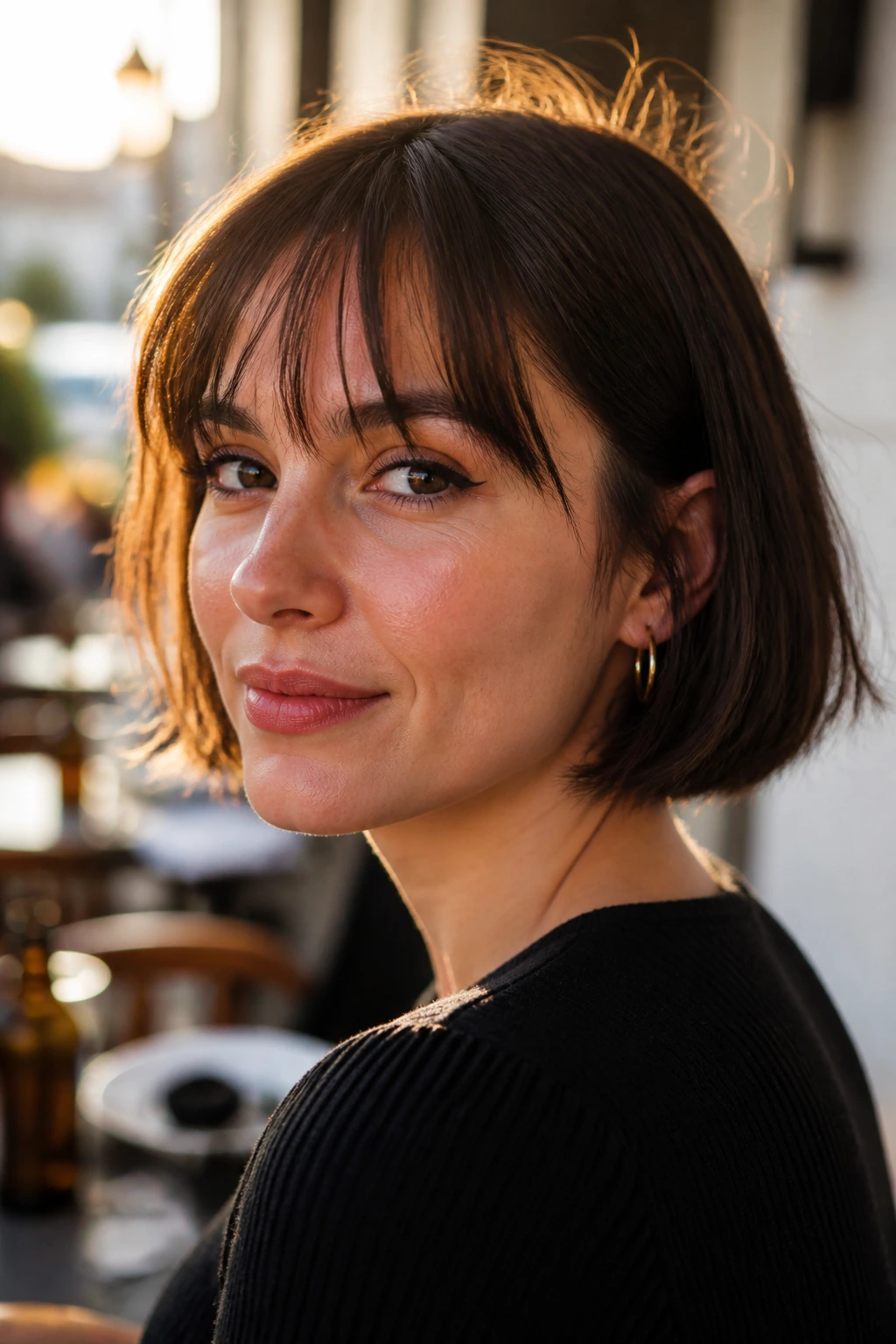 Close-up portrait of a real woman with Wispy-Fringe Bob, light fringe softly textured