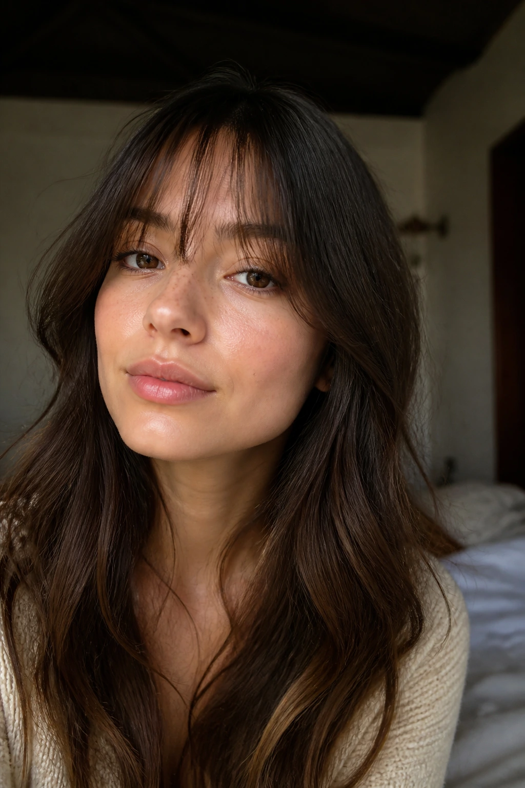 Portrait of a woman with wispy brow-grazing fringe